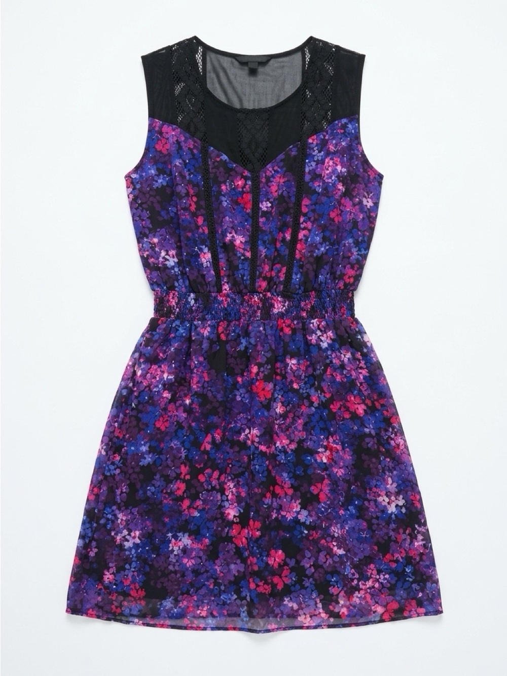 chic Black Mesh Yoke Floral Dress with Purple & Pink Print